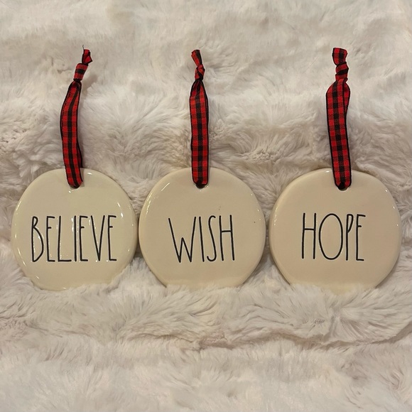RAE DUNN by Magenta "BELIEVE, WISH, HOPE” Christmas Ornament Set of 3 - Picture 1 of 5